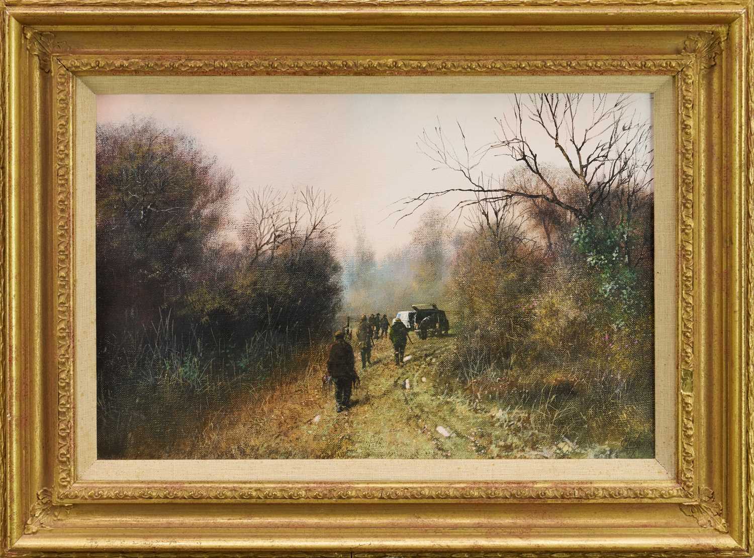 Lot 1143 - *Clive Madgwick (1939-2005) oil on canvas - 'End of a good days shooting', signed, 30.5cm x 46cm, in gilt frame