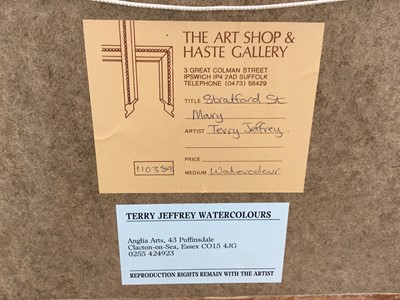 Lot 6 - Terry Jeffrey two watercolours - Stratford St Mary and Mistley, both signed, 24cm x 41cm and 26cm x 29cm, in glazed frames