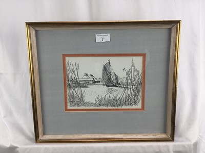 Lot 7 - Andrew Dodds, pen and ink - 'Thames Barge on the Alde', Snape, signed, titled verso, 15cm x 21cm, in glazed frame