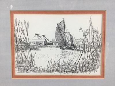Lot 7 - Andrew Dodds, pen and ink - 'Thames Barge on the Alde', Snape, signed, titled verso, 15cm x 21cm, in glazed frame