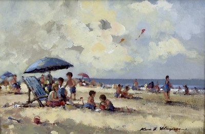 Lot 5 - Kevin B. Thompson pair oils on paper - 'On the Beach' and 'A Suffolk Beach', both signed, both 23cm x 34cm in glazed frames (2)