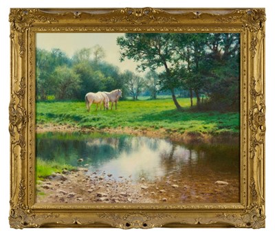 Lot 1039 - *Tony Sheath (b.1946) oil on canvas - Horses by a stream, signed, in gilt frame