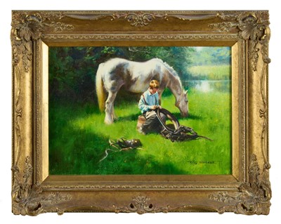 Lot 1038 - *Tony Sheath (b.1946) oil on canvas - Cleaning the Harness, signed, in gilt frame