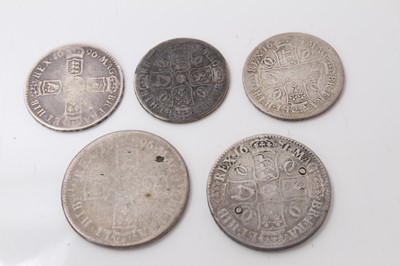 Lot 505 - G.B. - Mixed silver coins to include Charles II Crown 1671 (N.B. Rev: Test punch marked) otherwise G, Half Crowns 1674 VG-Fair, 1663 (N.B. Weak date) otherwise Fair, William III Crown 1696 Poor and...