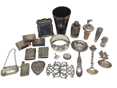 Lot 171 - Group of mixed silver to include vesta cases, match box holders, bangle, buckle, crystal lapel brooch, small picture frame, scent file, horn beaker and other items