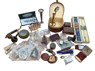 Lot 2631 - Mixed items to include George V Jubilee candles 1935 in box of issue, costume jewellery, Ronson cigarette lighters, leather collar & stud boxes containing silver charms, earrings & other collectabl...