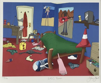 Lot 114 - Dylan Isaak, limited edition print - Lad's Room, signed, 215/500, 20cm x 26cm, in glazed frame