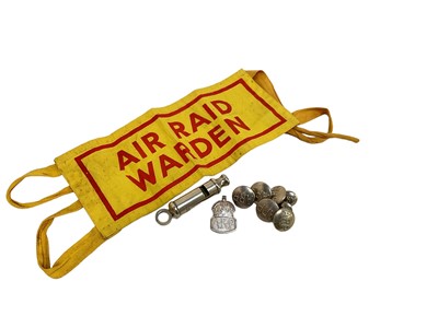 Lot 707 - Second World War Air Raid Warden yellow cotton arm band, together with a silver ARP badge, various ARP buttons and a whistle by Hudson dated 1940.