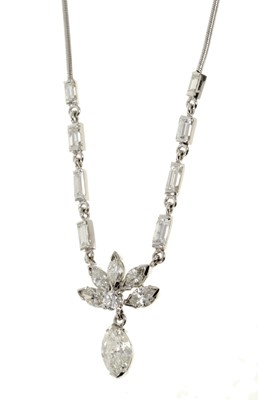 Lot 503 - Diamond necklace with a marquise cut diamond pendant drop suspended from a cluster of five further marquise cut diamonds and central brilliant cut diamond, on a chain with a line of eight graduated...