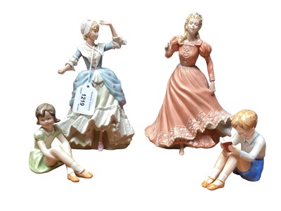 Lot 1219 - Two Wedgwood figures - Cinderella and Little Bo-Peep, two Goebel figures, Spode figure - Simon and four other figures (9)