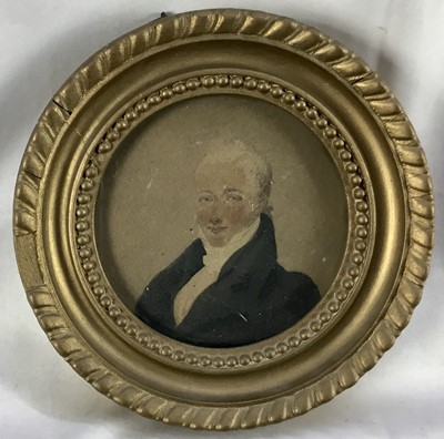 Lot 127 - Watercolour portrait miniature on paper, Circa 1825, 9.5cm x 9.5cm in gilt frame