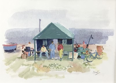 Lot 223 - David Wood (1933-1996) watercolour, Aldeburgh Beach hut, three other works and one print