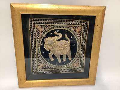 Lot 2127 - Indian embroidered elephant with beads and sequins on panel, in box frame.