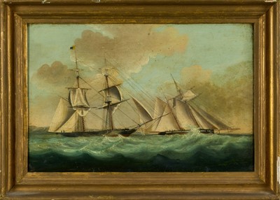 Lot 1026 - English School, early 19th century, oil on panel - Shipping off the Coast, 28.5cm x 43cm, in gilt frame