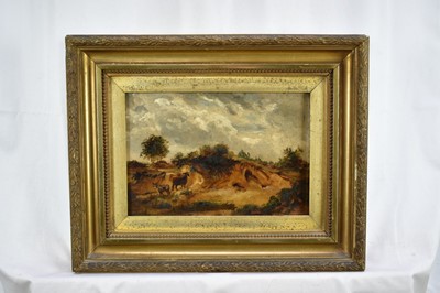 Lot 1240 - Norwich School, 19th century, oil on board - Donkeys on Mousehold Heath, Norwich, 18cm x 25.5cm, in gilt frame