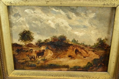 Lot 1240 - Norwich School, 19th century, oil on board - Donkeys on Mousehold Heath, Norwich, 18cm x 25.5cm, in gilt frame