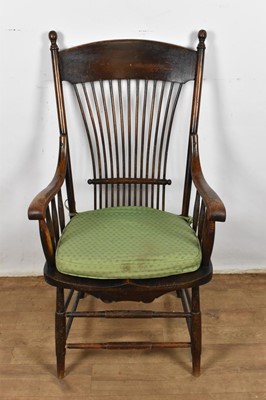 Lot 1369 - Early 20th century Arts and Crafts oak stick back elbow chair, once owned by the prominent gardener Russell Page (1904-1985), provenance: From his secretary Helen Hoggan to the present owners