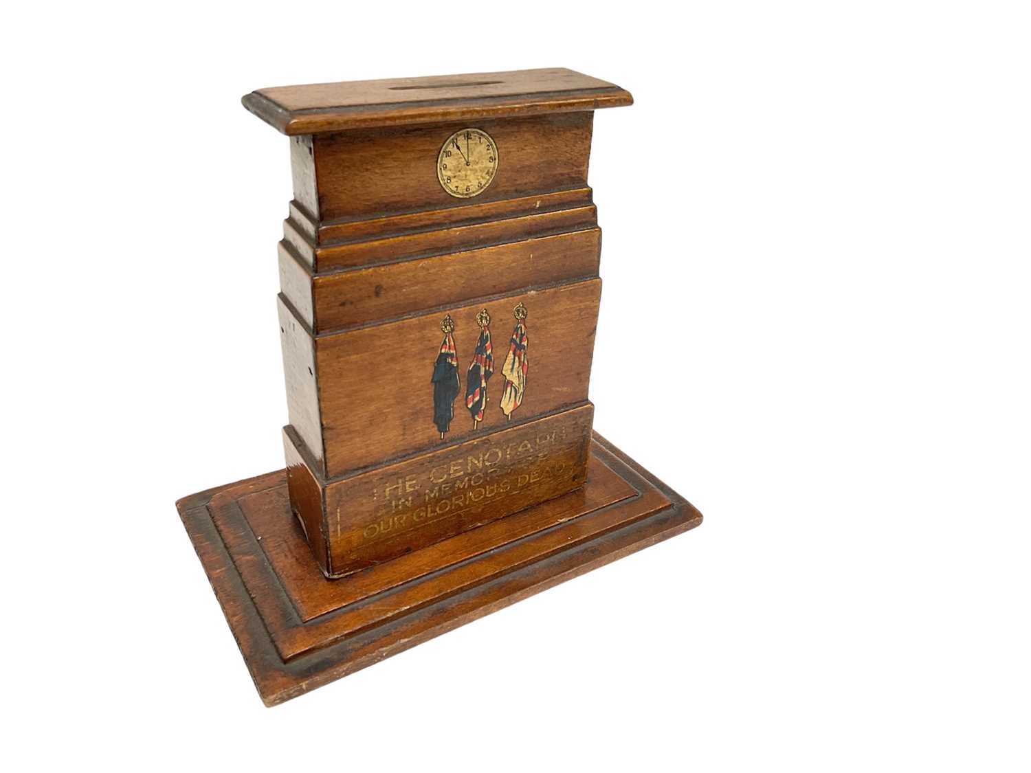 Lot 709 - First World War interest- wooden money box in the form of The Cenotaph, with applied decals and captioned 'The Cenotaph in memory of our glorious dead', 15.5cm in overall height.
