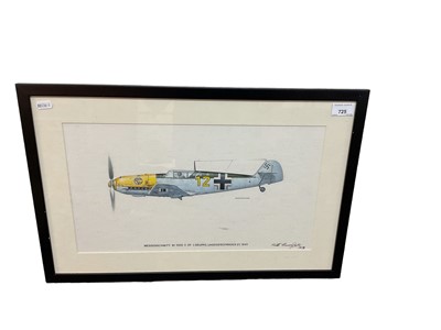 Lot 725 - Keith Broomfield- good quality watercolour and gouache study entitled -Messerschmitt Bf. 109E-3 of I Gruppe / Jagdeschwader 27, mounted in glazed frame, 45 x 25.5cm.