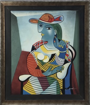 Lot 261 - Portrait of a woman in the style of Picasso, indistinctly signed, 60cm x 50cm, in glazed frame