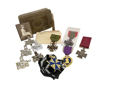 Lot 735 - First World War Princess Mary Gift Tin, together with replica Victoria Cross, replica Purple Heart and small group of European medals.