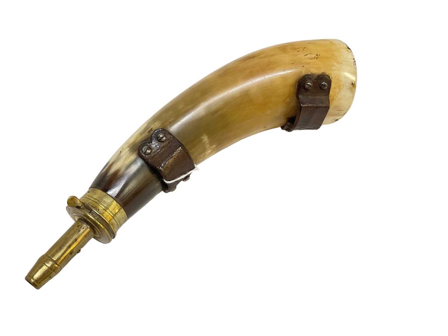 Lot 941 - Antique horn powder flask with brass 'Patent' top and leather straps