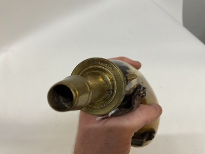 Lot 941 - Antique horn powder flask with brass 'Patent' top and leather straps