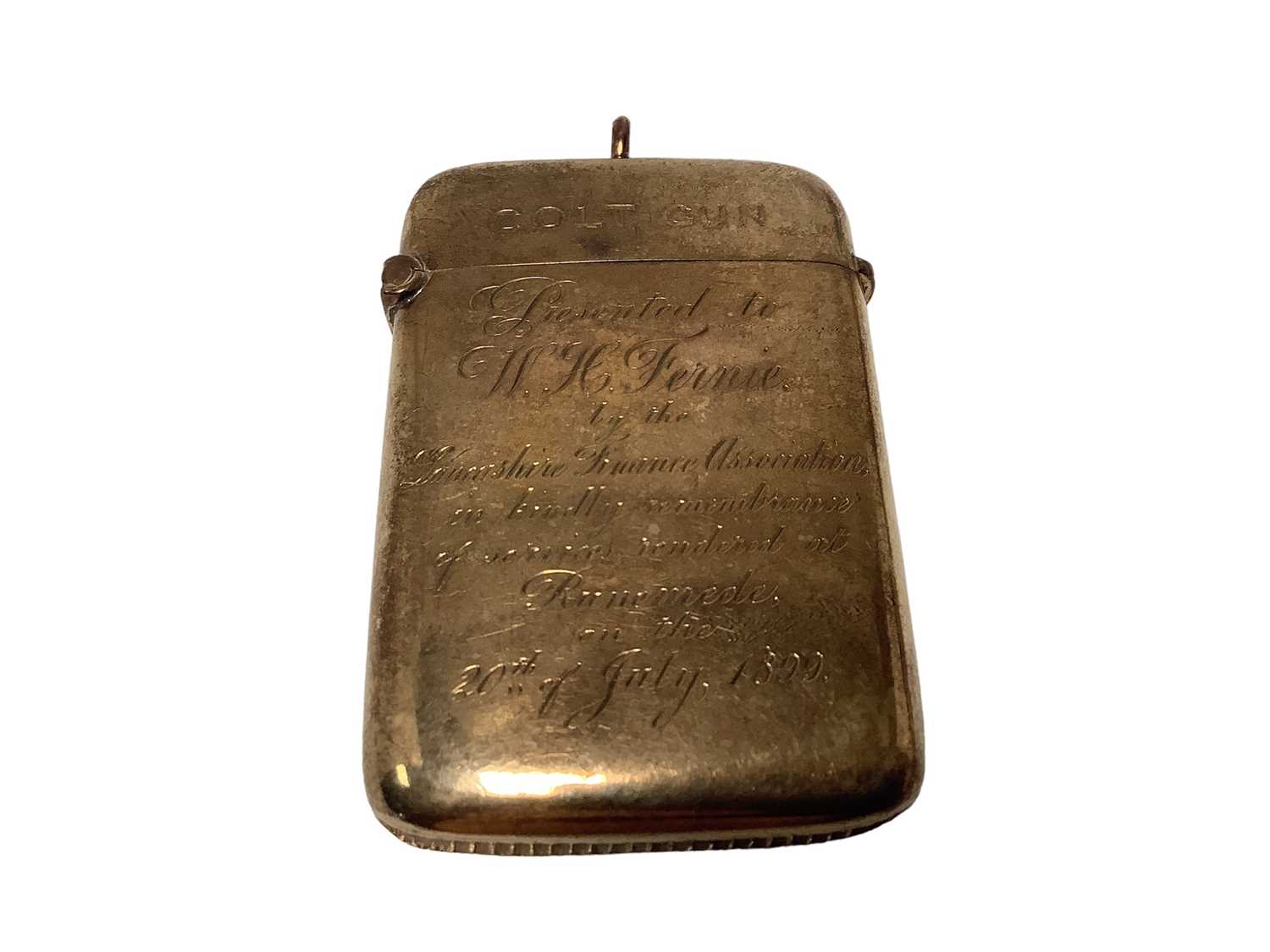 Lot 28 - Victorian gold 9ct Vesta case engraved ' Colt Gun' and ' Presented to W.H.Fernie by the Lancashire Finance Association in kindly remembrance of services rendered at Runemede on 20th July 1899' ( Bi...