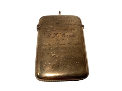 Lot 28 - Victorian gold 9ct Vesta case engraved ' Colt Gun' and ' Presented to W.H.Fernie by the Lancashire Finance Association in kindly remembrance of services rendered at Runemede on 20th July 1899' ( Bi...