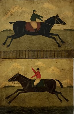 Lot 113 - Pair of 19th century style oil on canvas, naive horse racing scenes, 30.5cm x 40.5cm, unframed