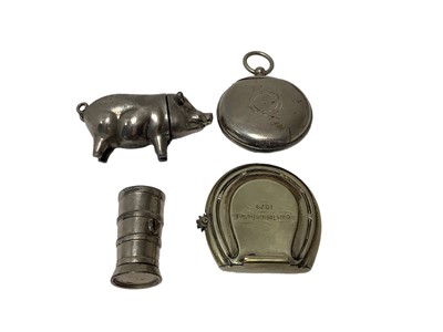 Lot 36 - Four Victorian novelty nickel plated Vesta cases comprising pig, pocket watch, milk churn and combined horse hoof Vesta and lighted dated 1879 (4)