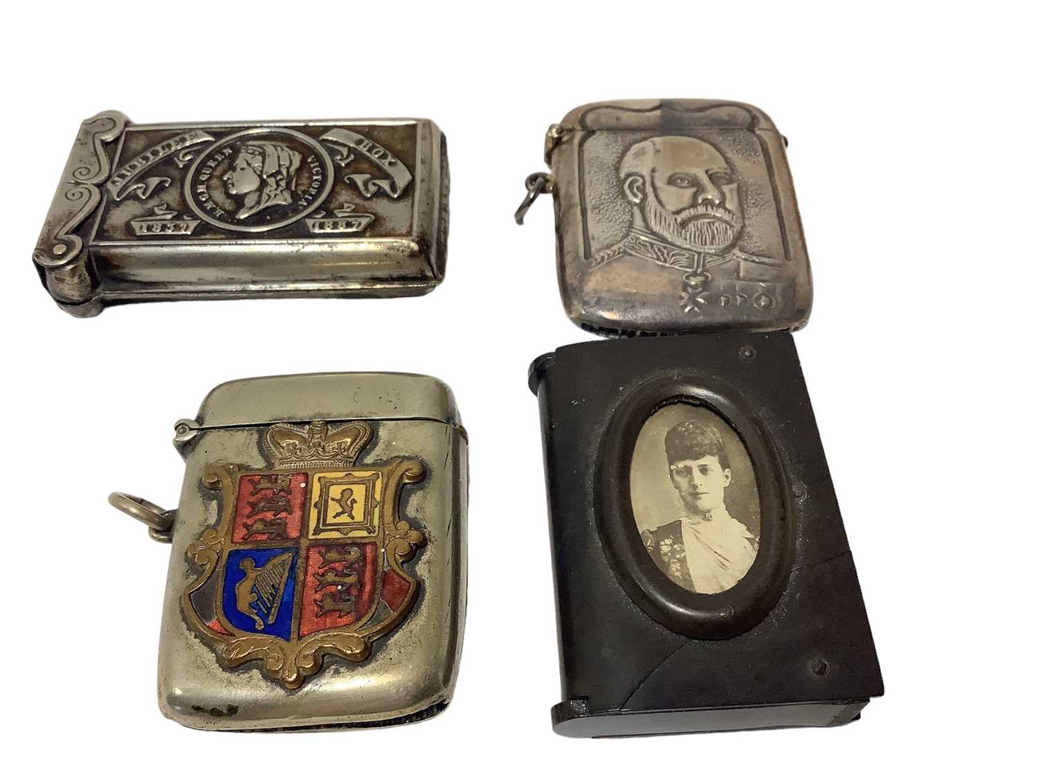 Lot 37 - Sterling silver King Edward VII portrait Vesta case and three other Royal related Vesta cases (4)