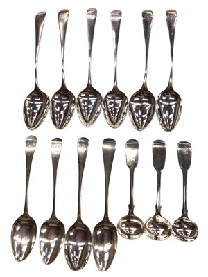 Lot 1060 - Ten silver Hanoverian pattern teaspoons and three 19th century silver mustard spoons