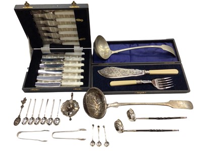 Lot 1062 - German white metal ladle, one other plated ladle, set of six silver coffee spoons, silver mustard pot, two pairs of silver sugar tongs and some plated ware