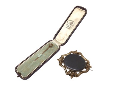 Lot 71 - Victorian 15ct gold seed pearl stick pin and Victorian gilt metal brooch with glazed locket compartment