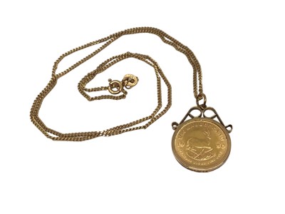 Lot 77 - Gold 1/10 Krugerrand, 1980, in 9ct gold pendant mount on 9ct gold chain