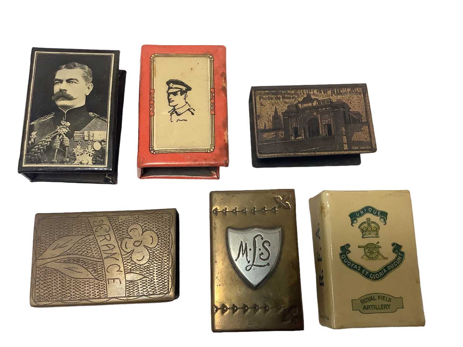 Lot 51 - Six First World War Trench Art and other match box holders