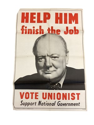 Lot 742 - Second World War election poster depicting Winston Churchill 'Help him finish the job, Vote Unionist, Support National Government' depicting the flags of the victorious allies, 75 x 50cm