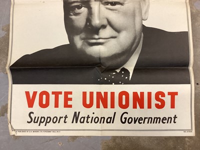 Lot 742 - Second World War election poster depicting Winston Churchill 'Help him finish the job, Vote Unionist, Support National Government' depicting the flags of the victorious allies, 75 x 50cm