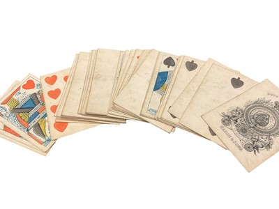 Lot 2566 - Early 19th century pack of 52 playing cards, by Hardy & Sons, with “Old Frizzle” Ace of Spades, circa 1830/40.