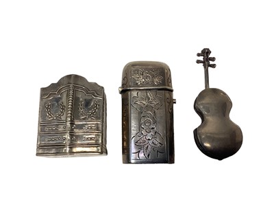 Lot 75 - Continental silver Vesta case with floral decoration 60mm, Sterling silver violin box and Duchess silver box (3)
