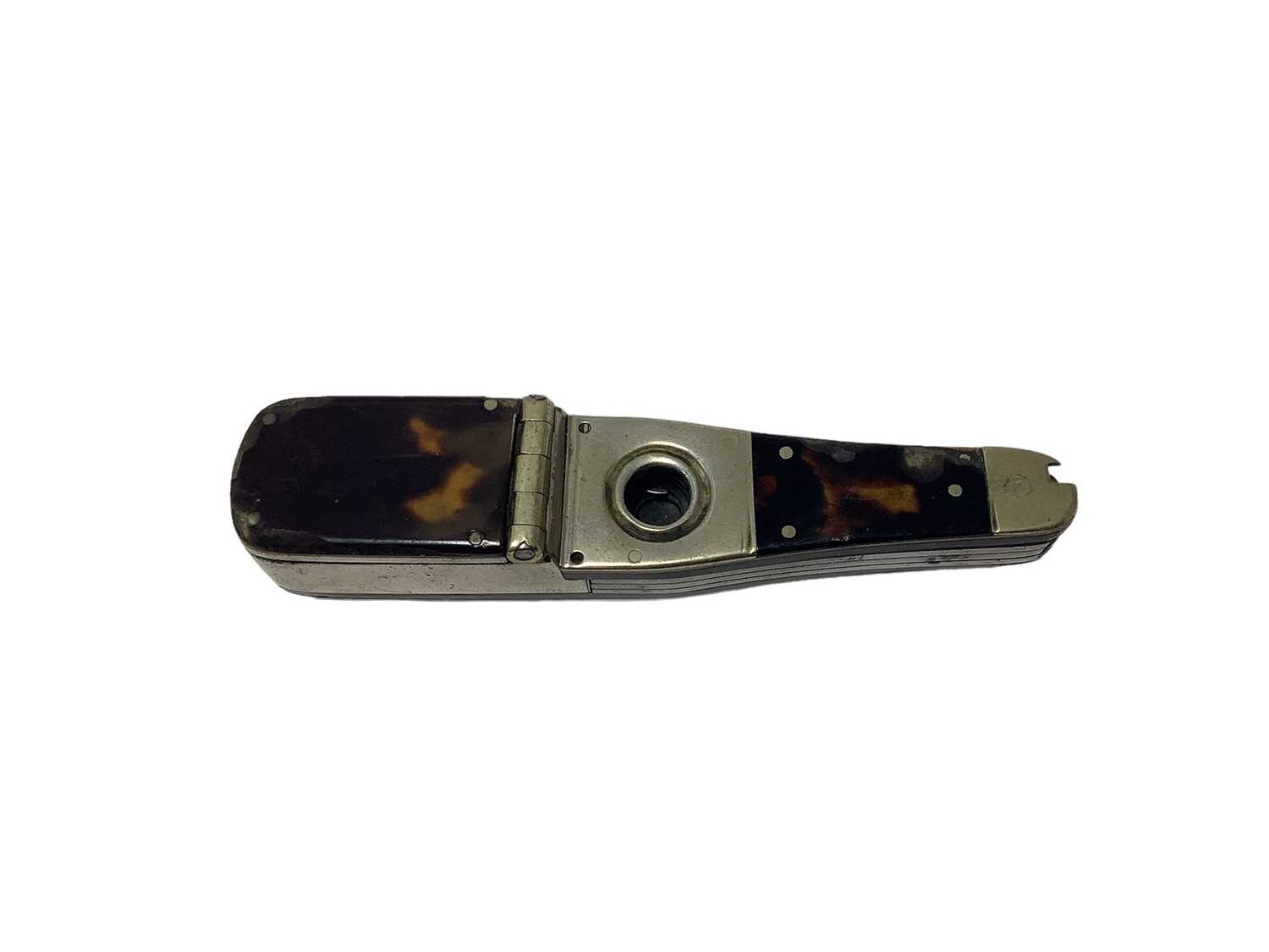 Lot 80 - Unusual Victorian combined Vesta case, cigar cutter and multiple bladed pen knife of bottle shape with nickel frame and tortoishell side plates, the blades marked Richards, Piccadilly 87mm long