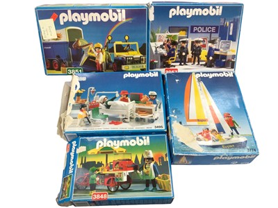 Lot 2021 - Playmobil boxed sets Police 3957, Hospital 3495, Sailboat 3774, Hot Dog Stand 3848, Jeep and Horse Trailer 3851 (5)