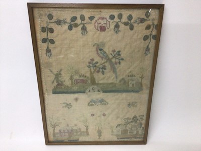 Lot 2147 - Early sampler of primitive form depicting birds, butterfly, windmill and country houses amongst trees