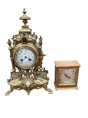 Lot 2670 - Ornate Victorian brass mantel clock with painted enamel dial together with small oak cased mantel clock with brass dial, named to front, Speed & Son, Kings Lynn