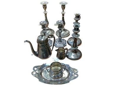 Lot 2591 - Pair Georgian style silver plated candlesticks, art nouveau 3 piece tea set with matching tray for cream and sugar