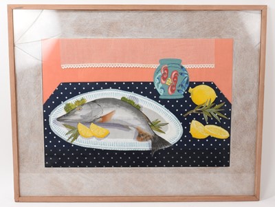 Lot 853 - Fabric collage still life with fish