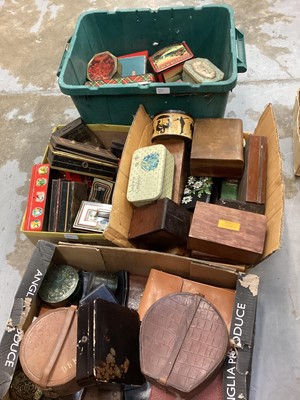 Lot 2533 - Lot vintage tins, money boxes, treen boxes and leather goods ( four boxes)