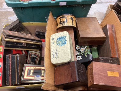 Lot 2533 - Lot vintage tins, money boxes, treen boxes and leather goods ( four boxes)