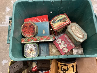 Lot 2533 - Lot vintage tins, money boxes, treen boxes and leather goods ( four boxes)